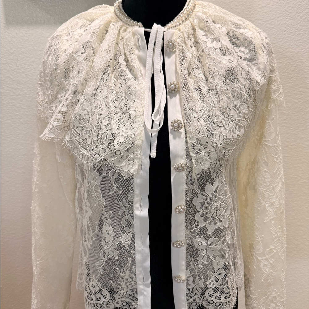 Maje Ivory Lace Pearl-Button Blouse
